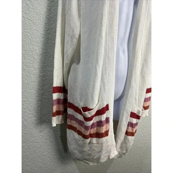 Torrid Red Stripe Open Front Cardigan Womens 2X Cream Knit Sweater Mid Length - Picture 2 of 10